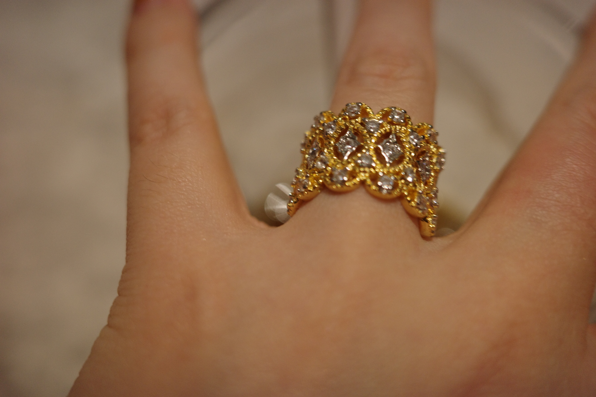 The Gilded Lace Ring – Intricate French Hollow-Out & Pavé Zirconia