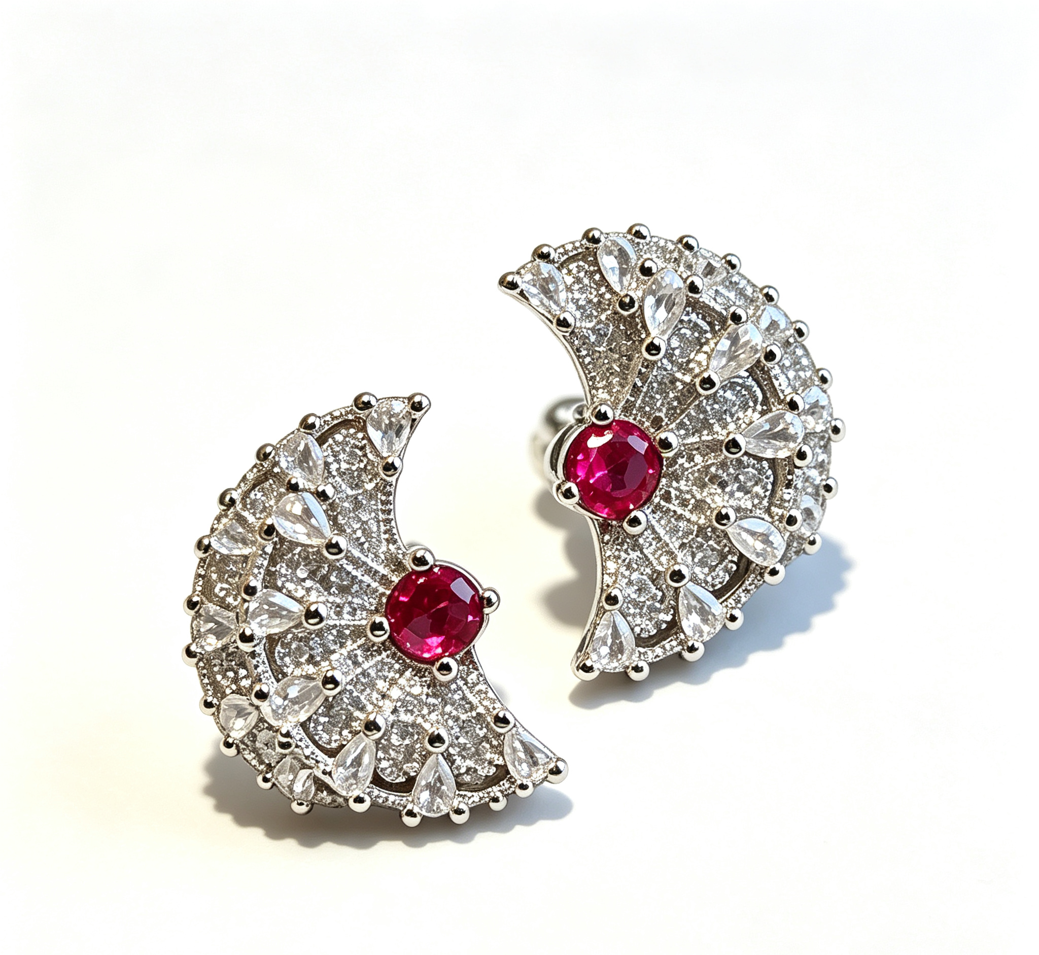 The Moon Phase Earring – Ruby-Red Zirconia & Celestial Pavé Half-Moon