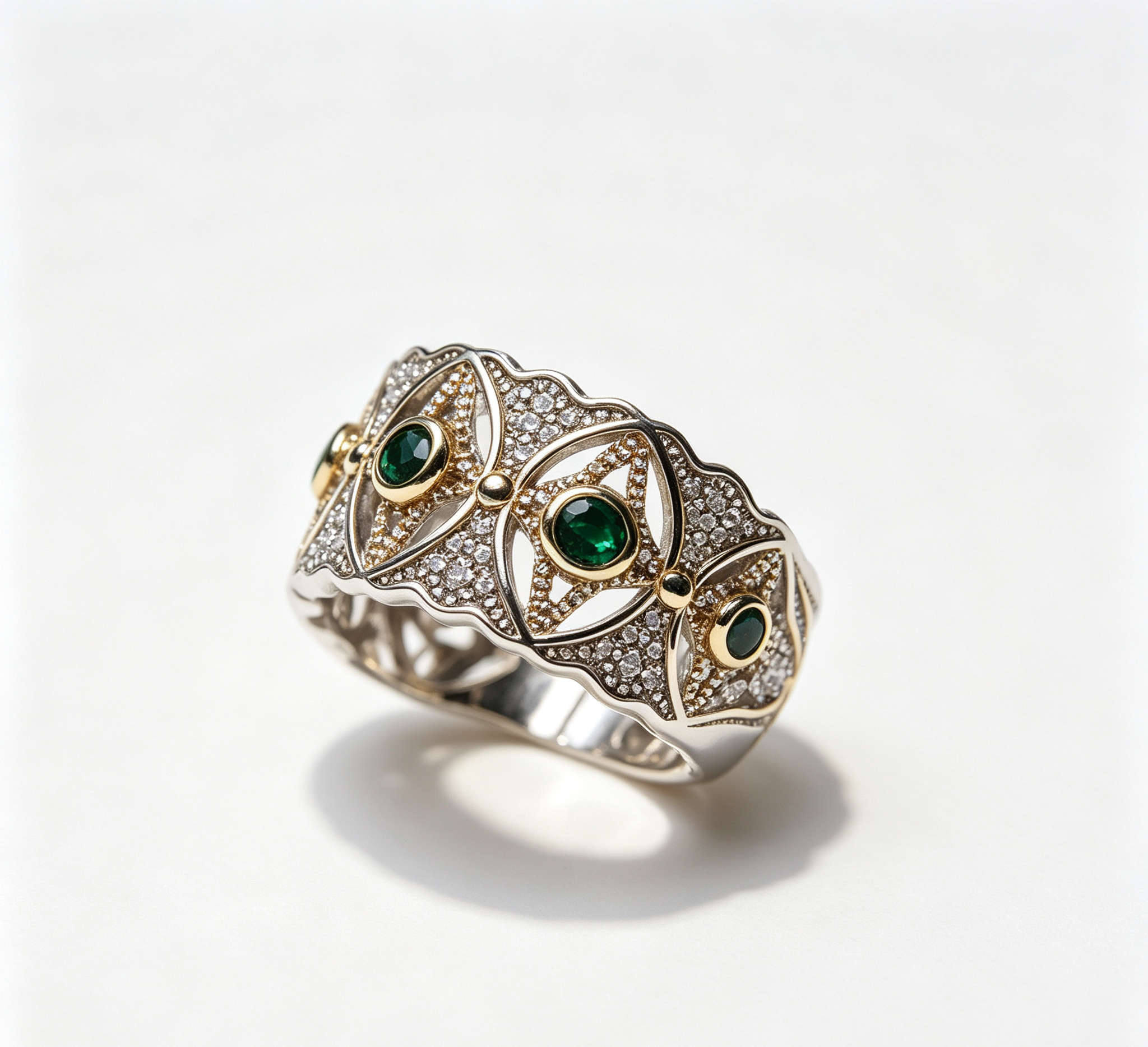 The Jupiter Venetian Eye Ring – Two-Tone Celestial Lattice & Verdant Zirconia