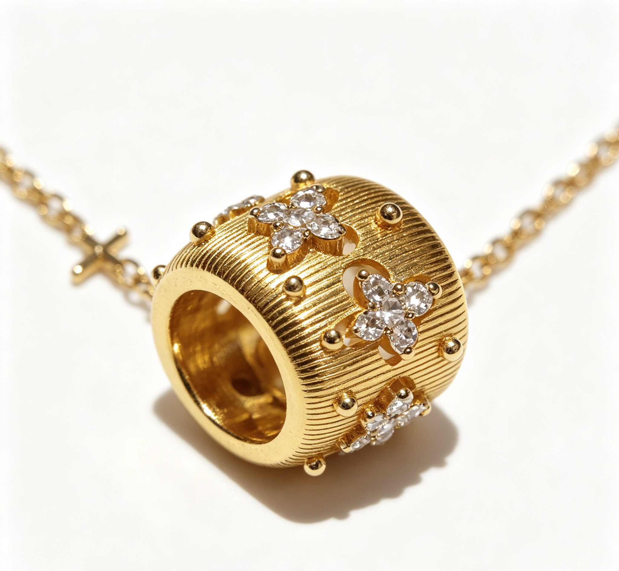 The Saturn Clover Pendant – Brushed Gold Filigree & Radial Diamond Pavé
