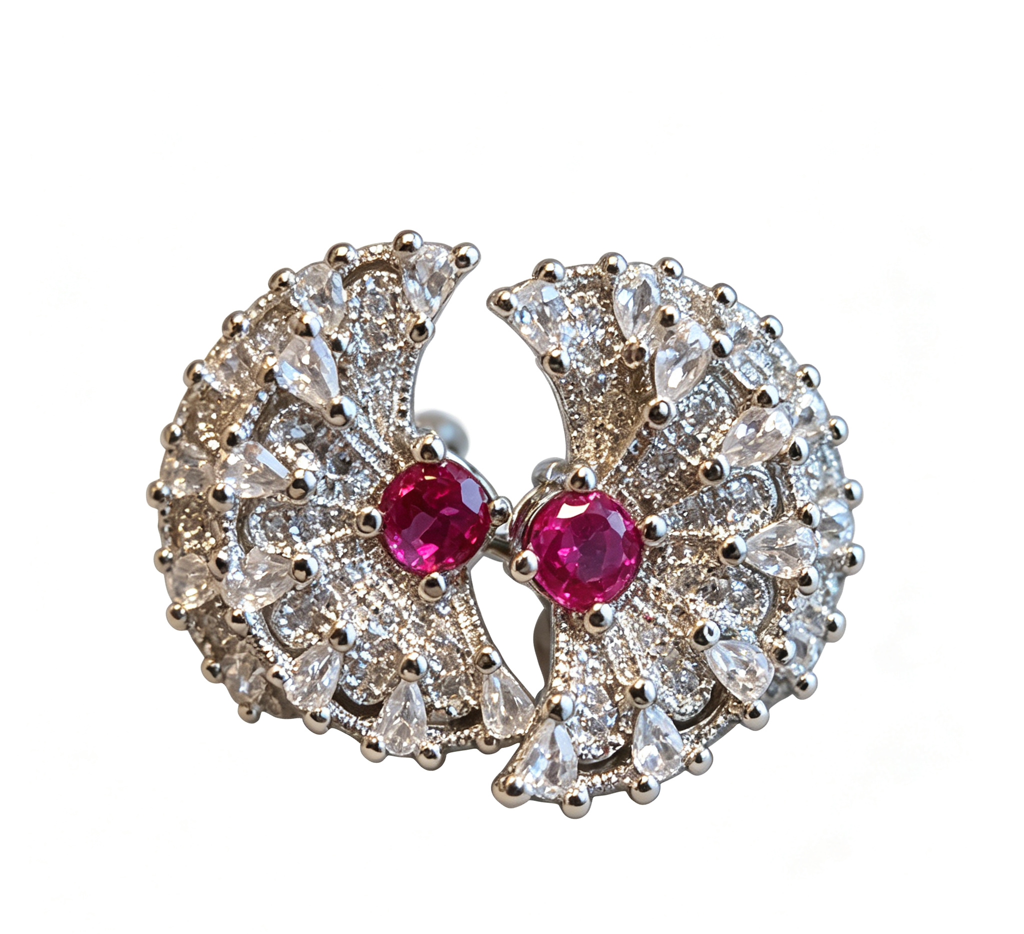 The Moon Phase Earring – Ruby-Red Zirconia & Celestial Pavé Half-Moon