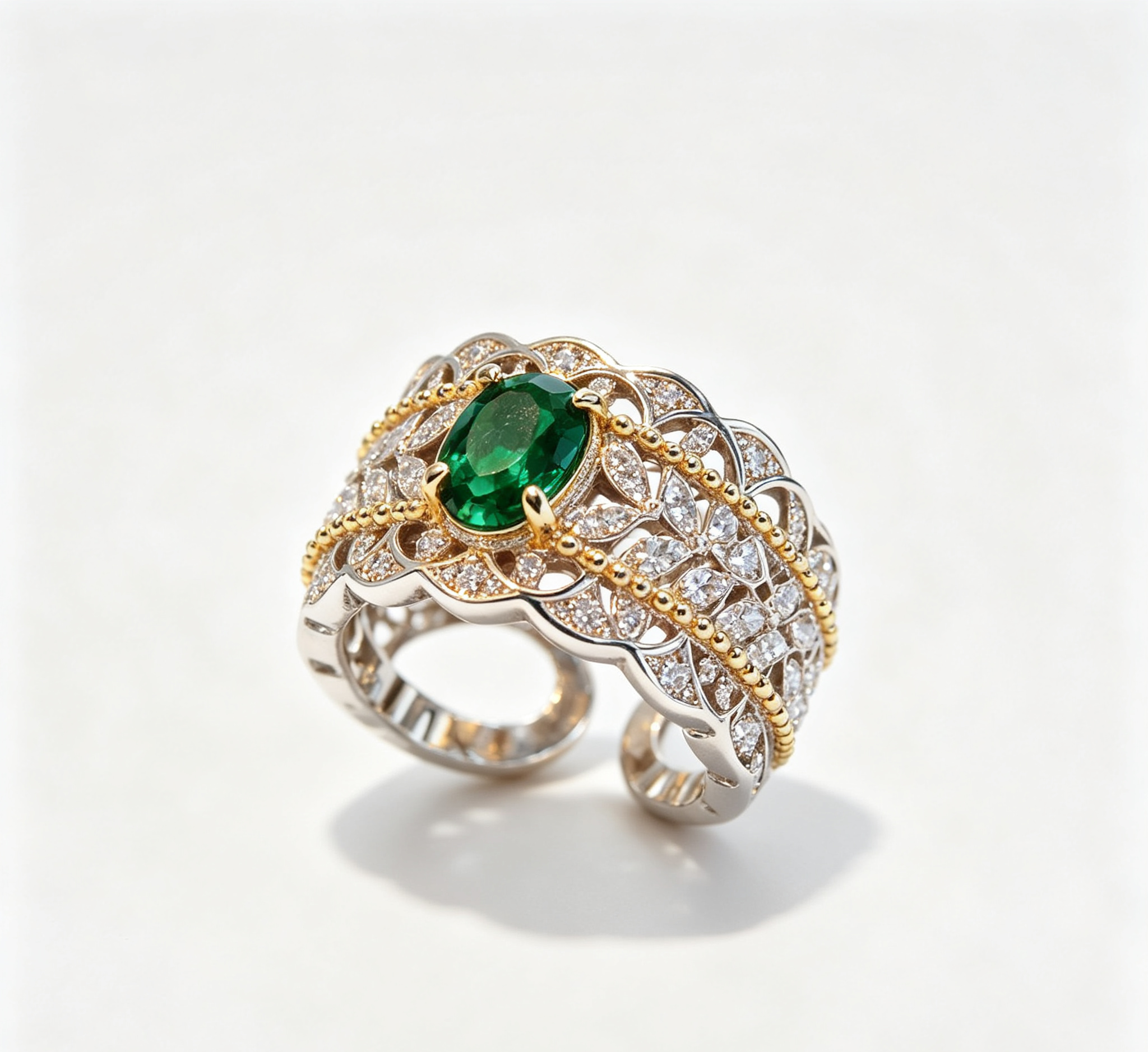The Jupiter Sovereign Ring – Two-Tone Gilded Lace & Imperial Emerald Gem