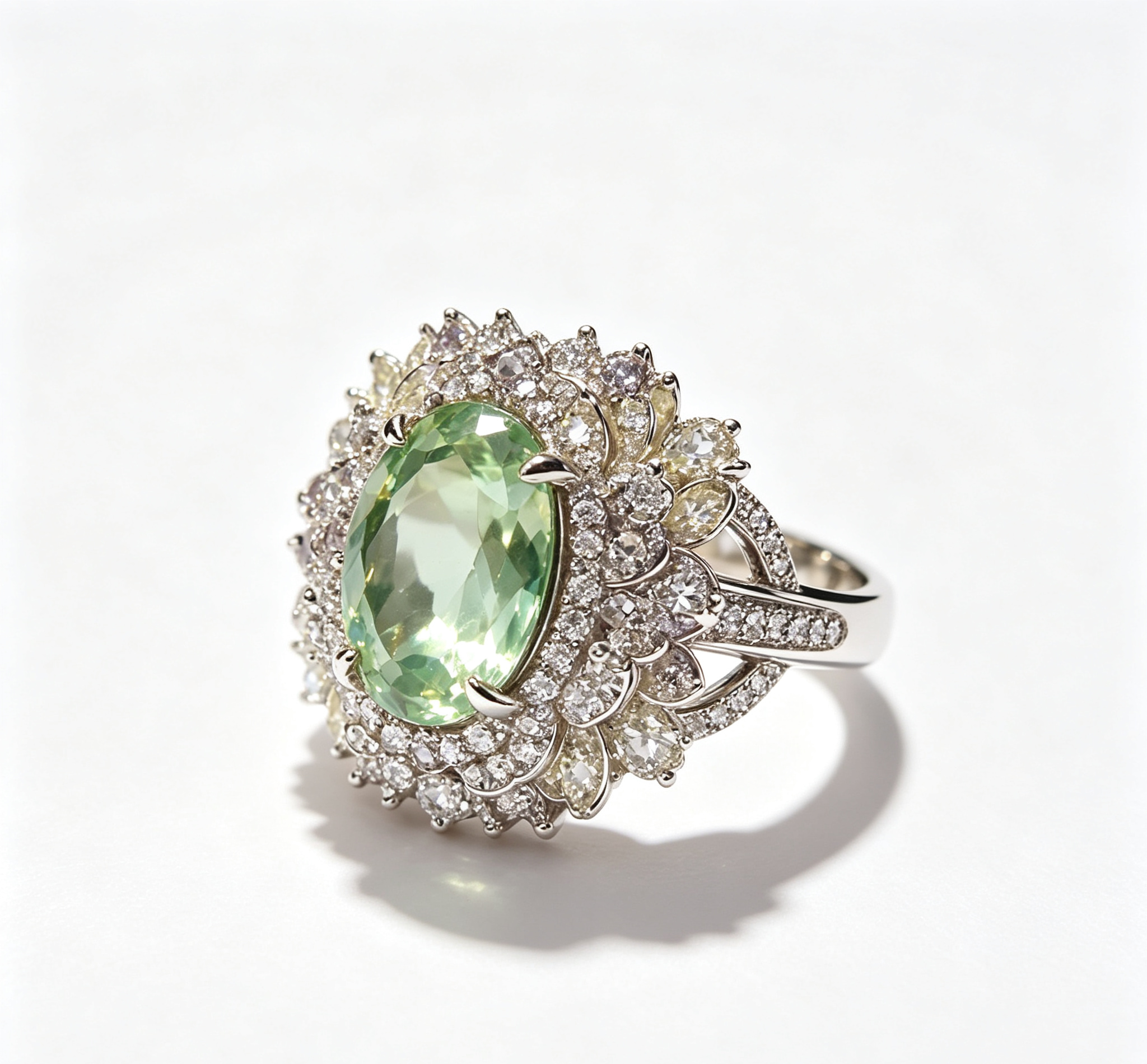 The Jupiter Verve Ring – Mint-Green Zirconia & Full-Pavé Halo Lattice