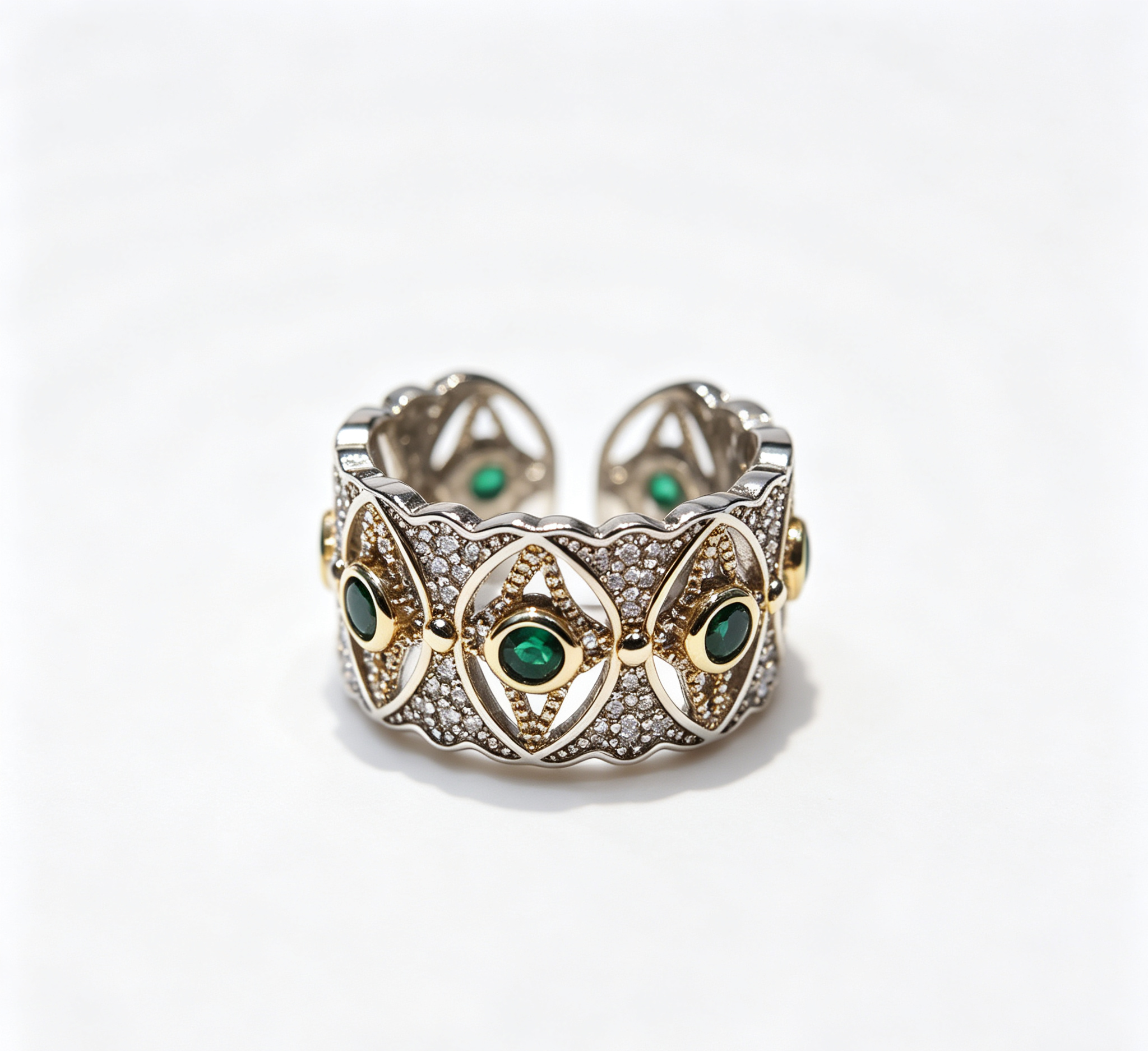 The Jupiter Venetian Eye Ring – Two-Tone Celestial Lattice & Verdant Zirconia