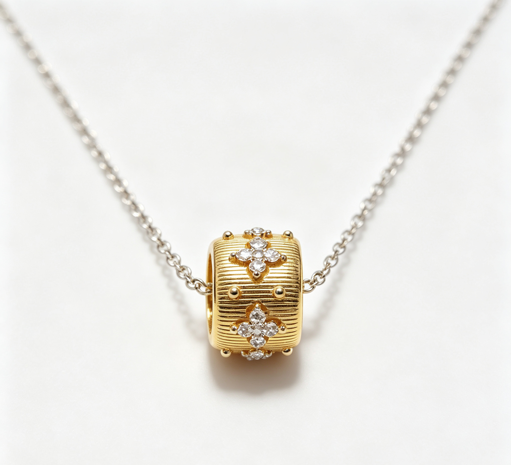 The Saturn Clover Pendant – Brushed Gold Filigree & Radial Diamond Pavé