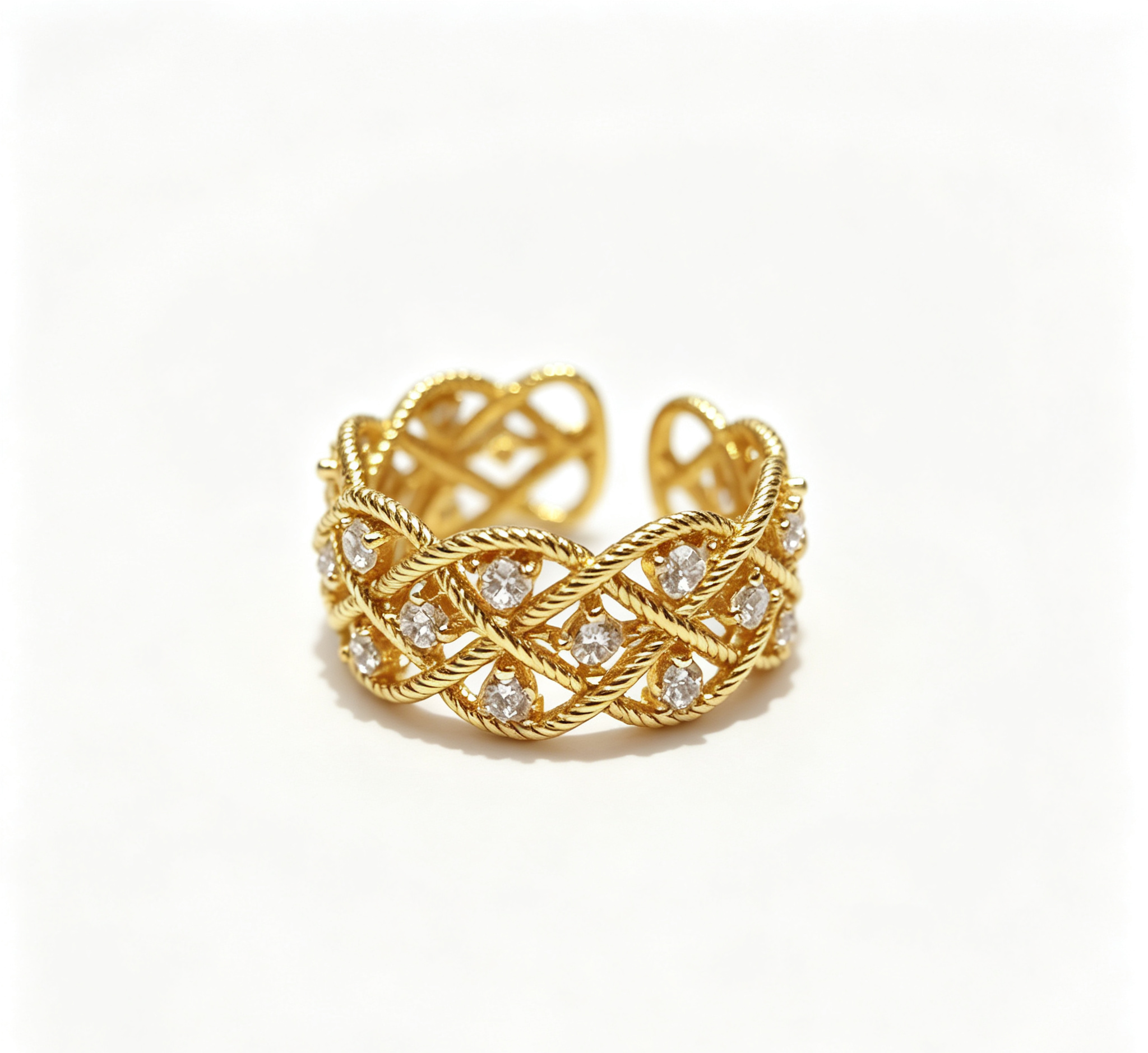 The Venus Twisted Rope Ring – Brushed Gold Filigree & Constellation Zirconia