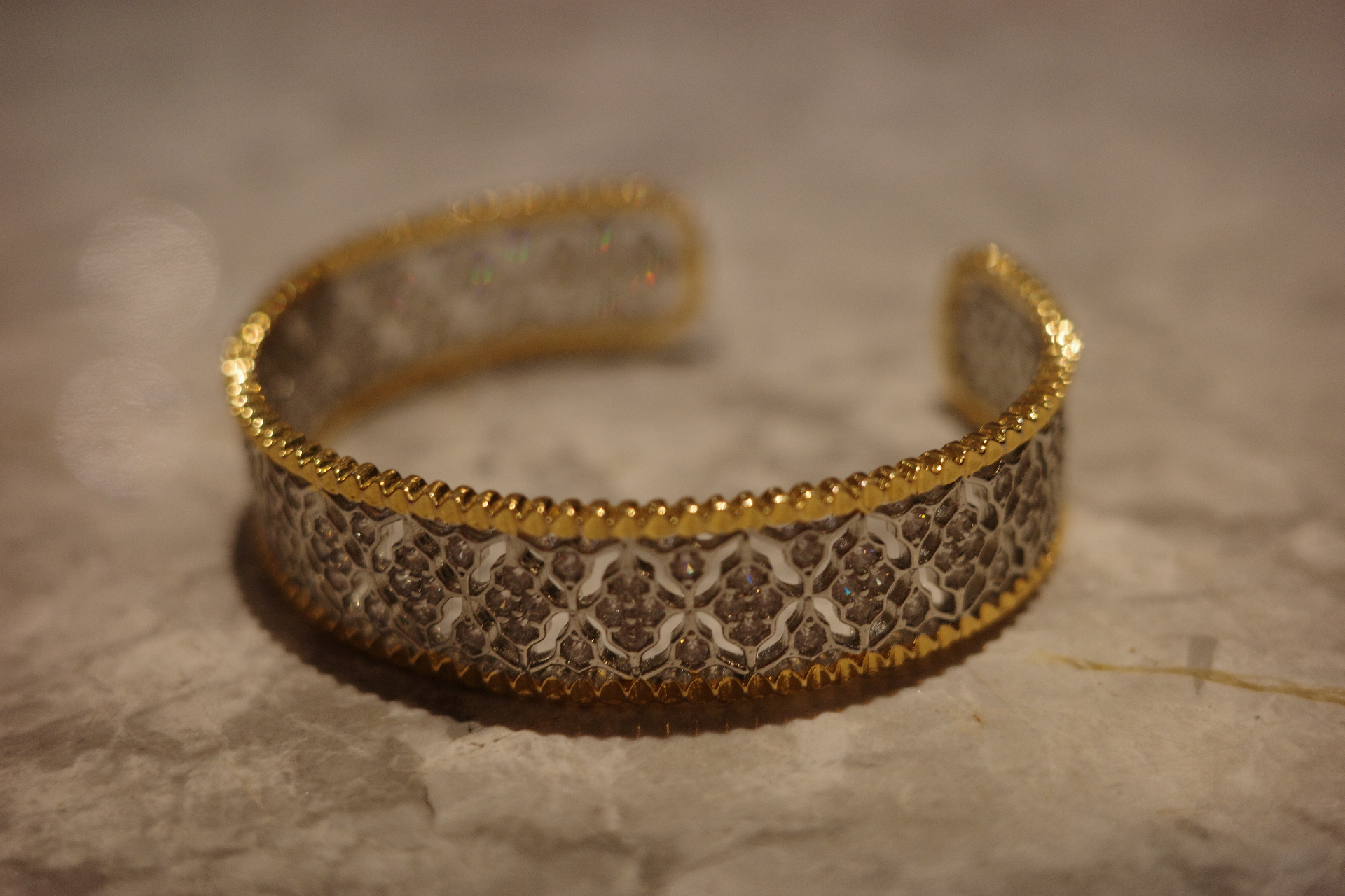 The Saturn Infinite Lace Cuff – Two-Tone Gilded Filigree & Full-Pavé Diamond Bangle