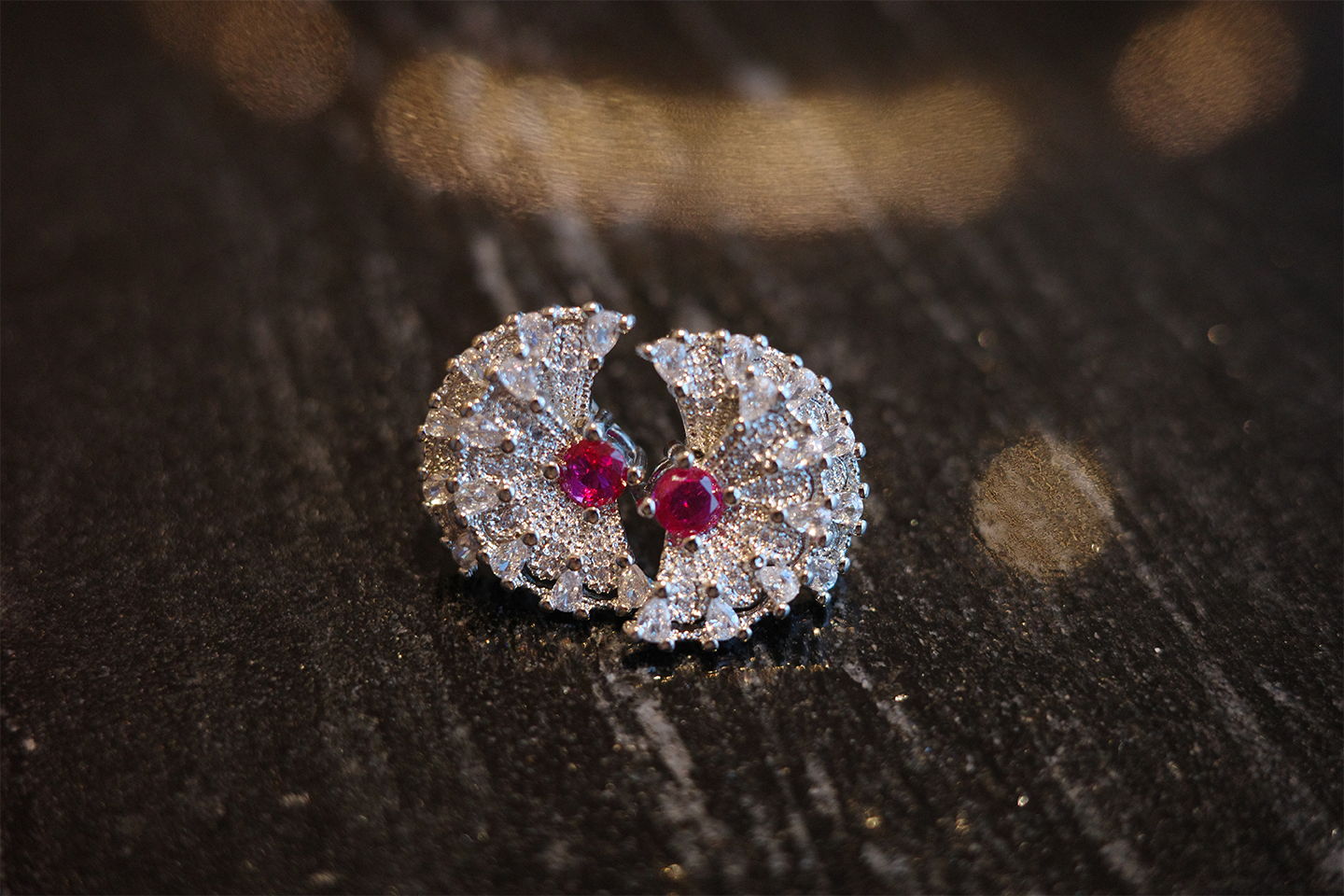 The Moon Phase Earring – Ruby-Red Zirconia & Celestial Pavé Half-Moon