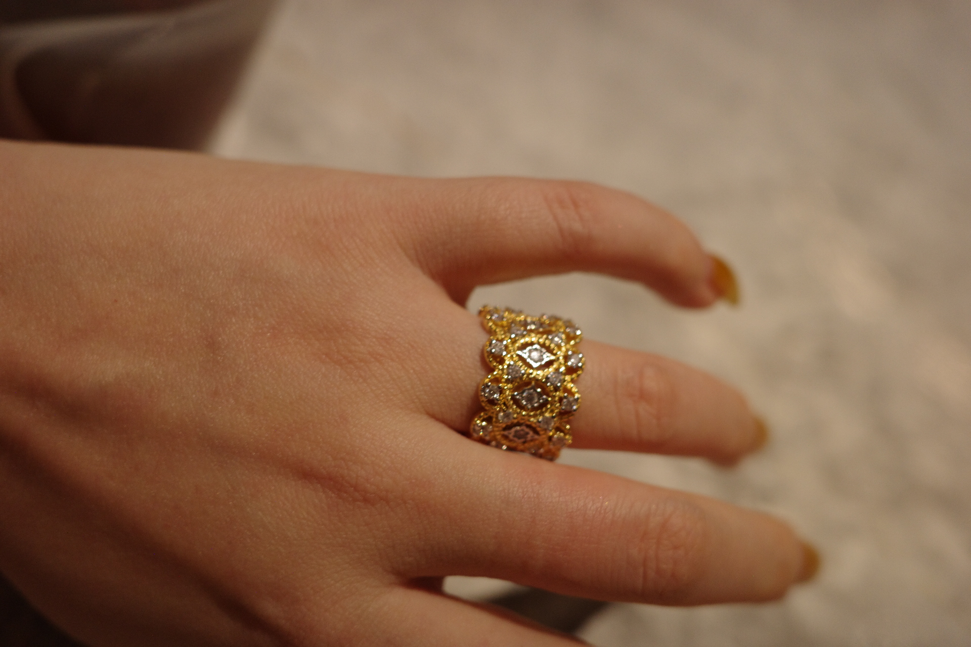 The Gilded Lace Ring – Intricate French Hollow-Out & Pavé Zirconia