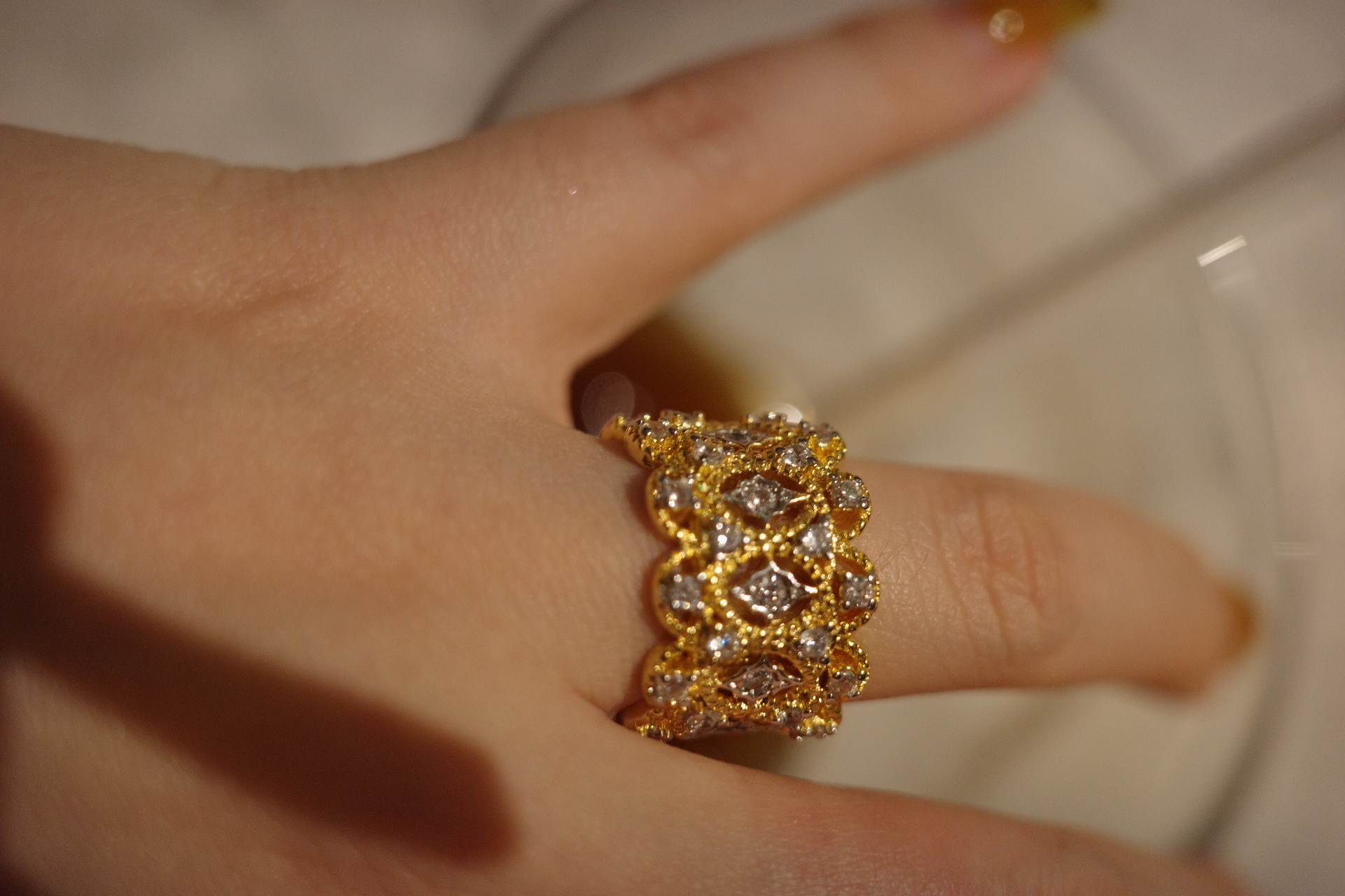 The Gilded Lace Ring – Intricate French Hollow-Out & Pavé Zirconia