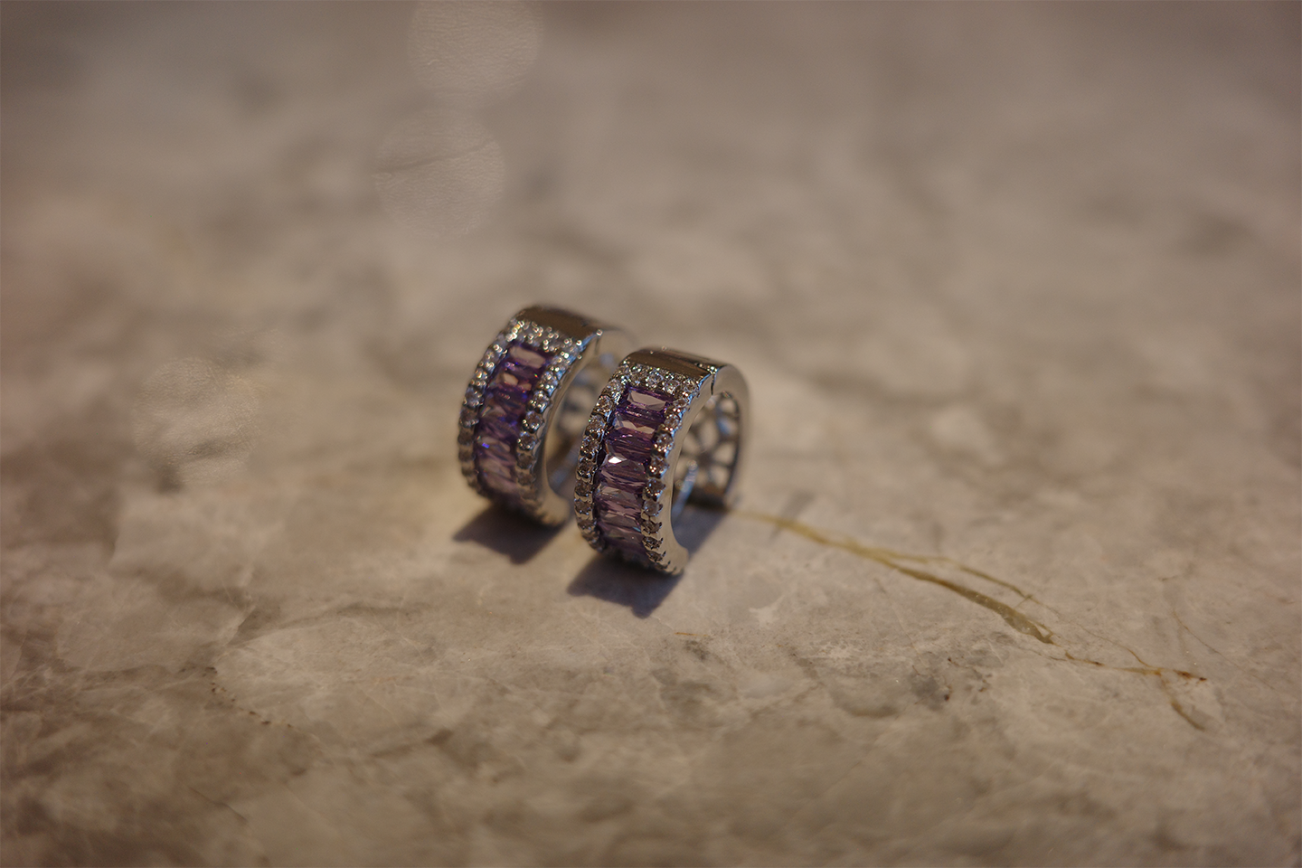 The Moon Cathedral Earring – Deep Violet Zirconia & Gilded Lattice Filigree