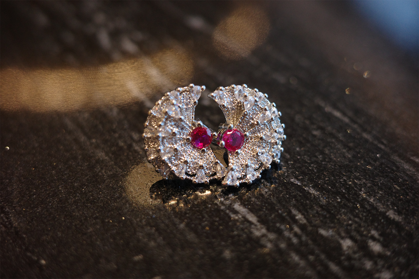 The Moon Phase Earring – Ruby-Red Zirconia & Celestial Pavé Half-Moon