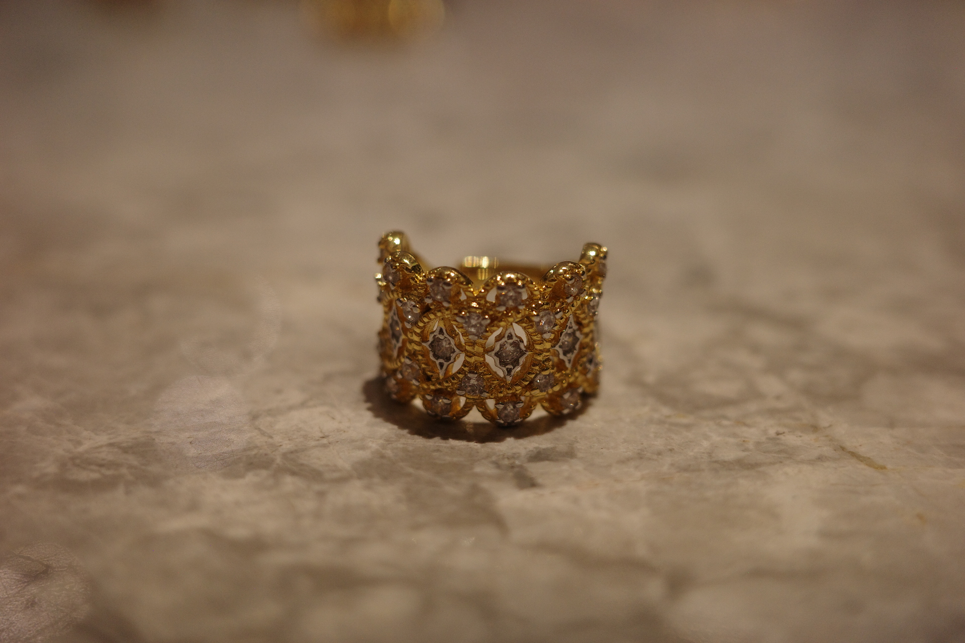 The Gilded Lace Ring – Intricate French Hollow-Out & Pavé Zirconia