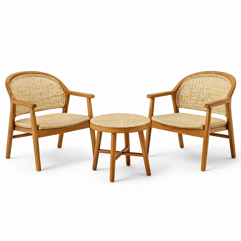 Balkonset Teakholz Natur Rattan Beige