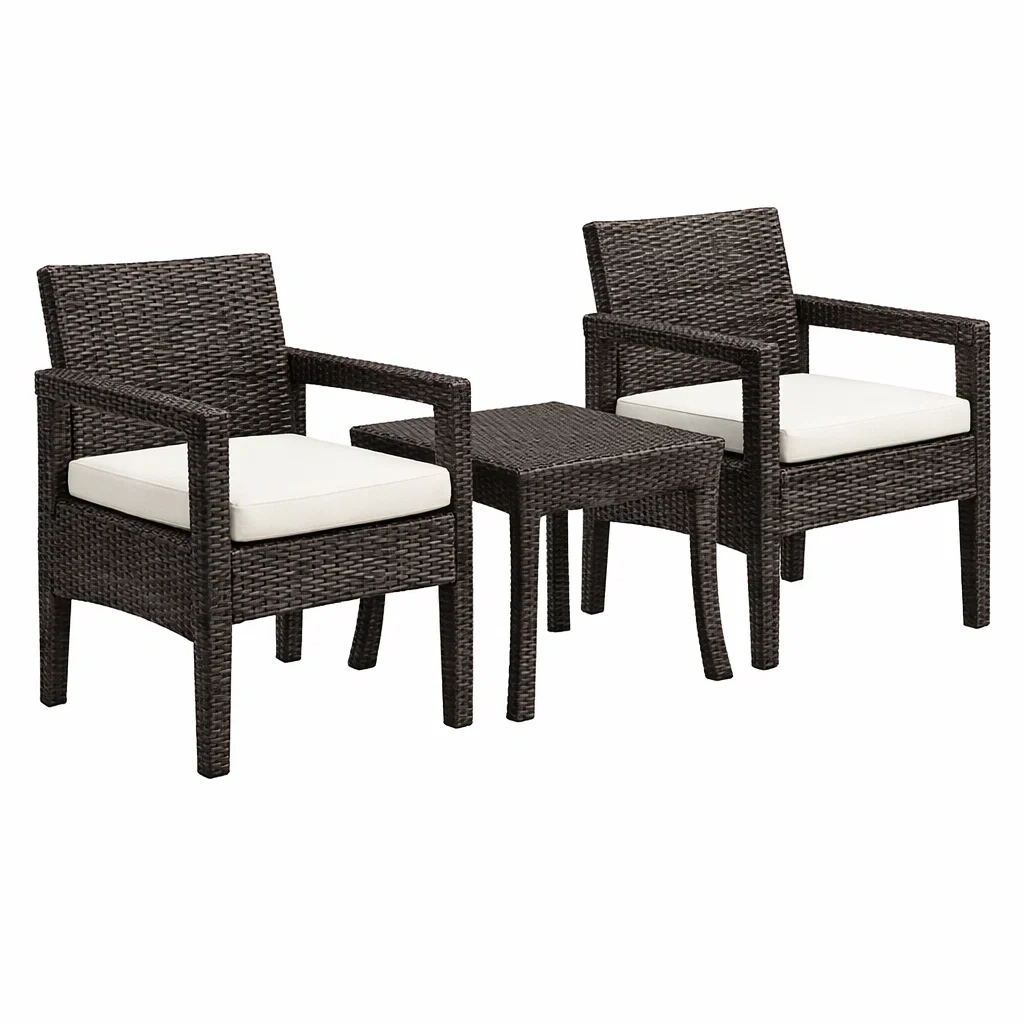 Balkonset Polyethylen Rattan Braun mit cremeweißen Kissen 3 teilig