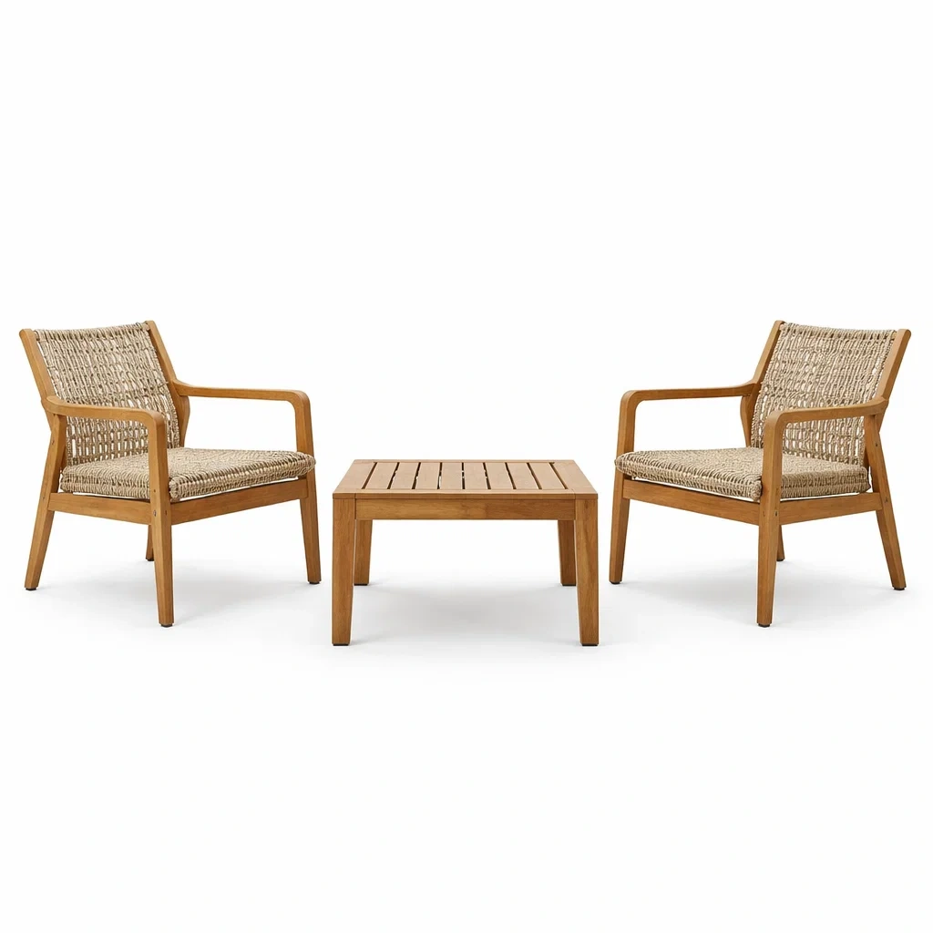 Balkonset Teakholz Polyrattan Beige mit Sesseln und Tisch