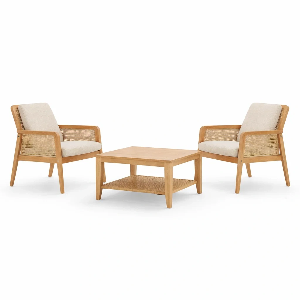 Balkonset Teak Rattan Polyester Beige