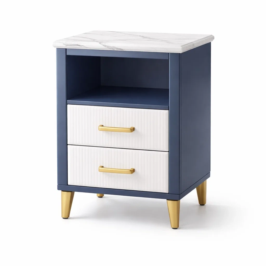 Nachttisch MDF Blau Weiß mit Kunstmarmoroberfläche und 2 Schubladen