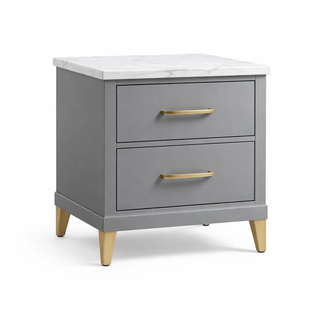 Nachttisch Holz Grau mit Marmoroberfläche und Goldgriffen