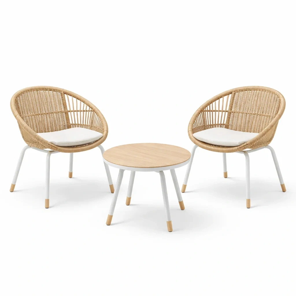 Balkonset Rattan Metall Natur Weiß 3 teilig