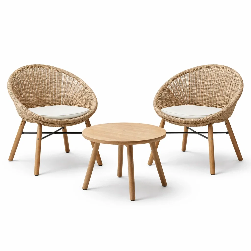 Balkonset PE Rattan mit Eukalyptusholztisch rund Natur