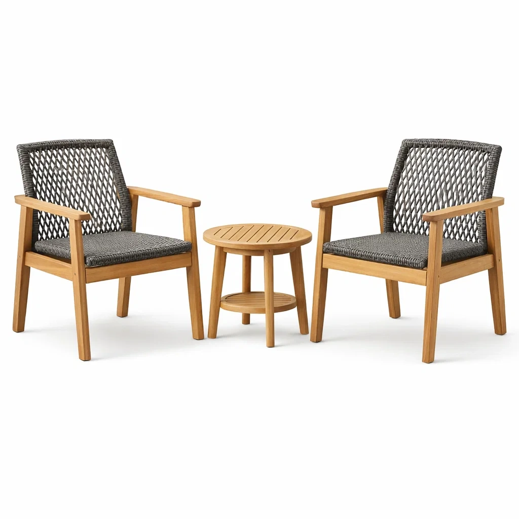 Balkonset Akazienholz Polyester Seilgeflecht Schwarz Natur