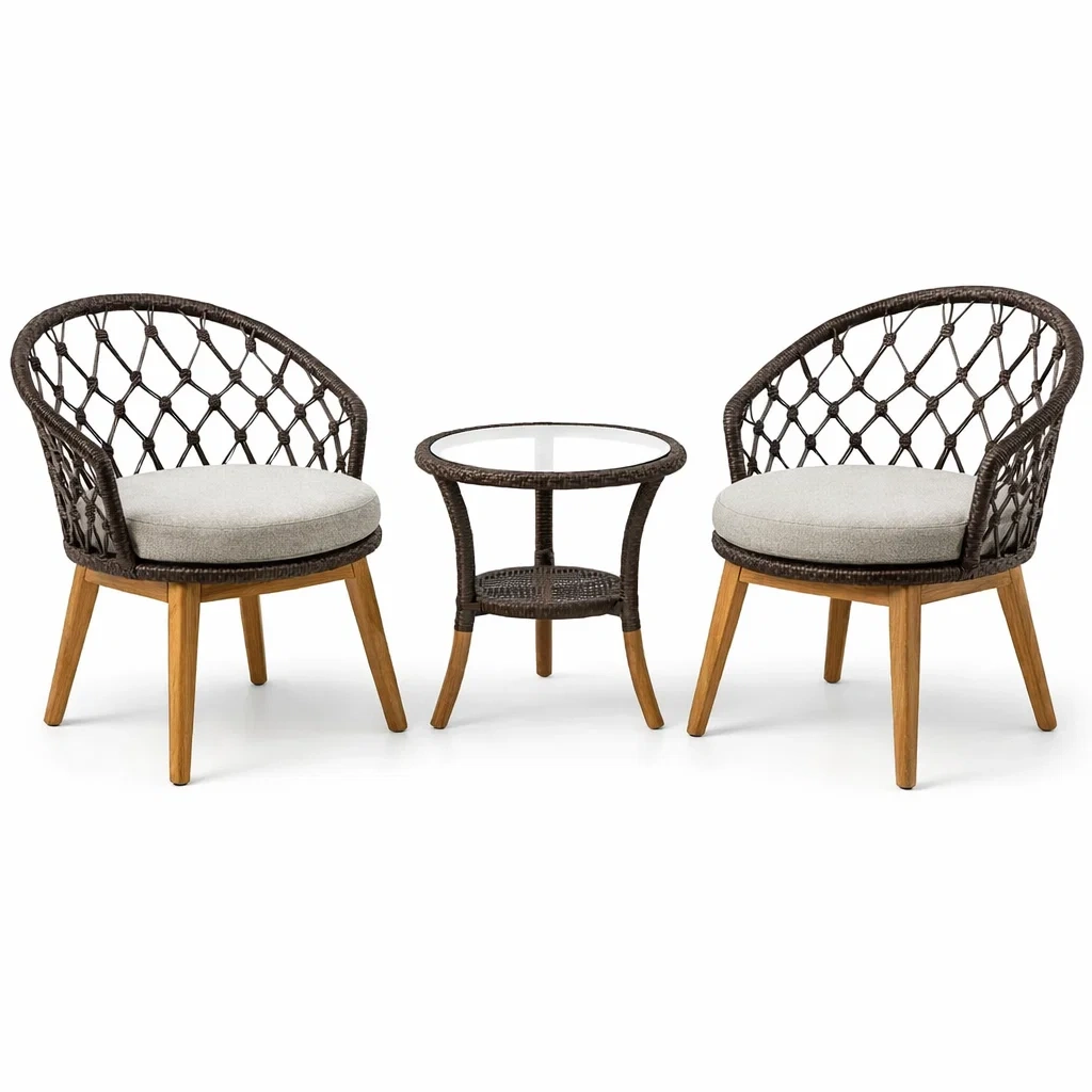 Balkonset Rattan Holz mit Glasplatte