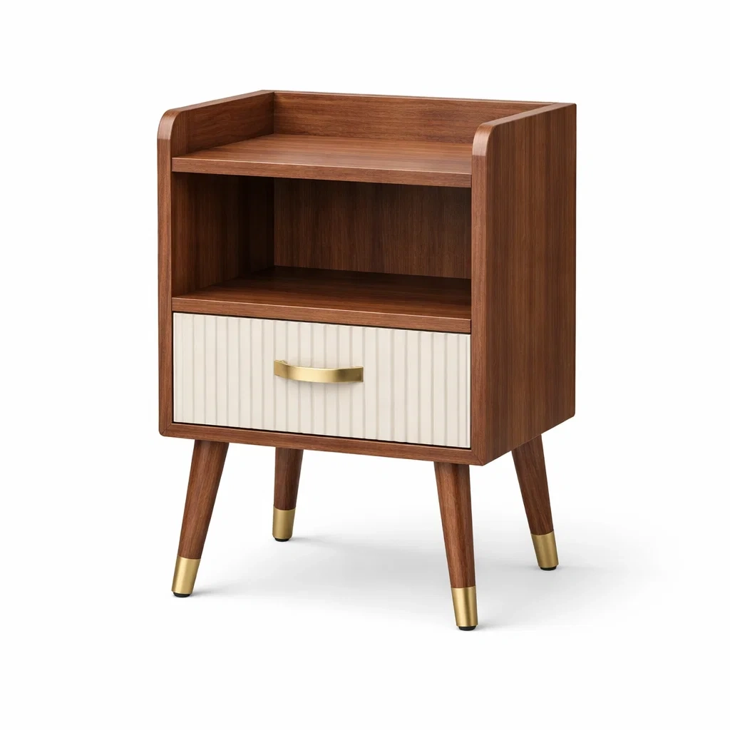 Nachttisch Walnussholz MDF Weiß mit Schublade