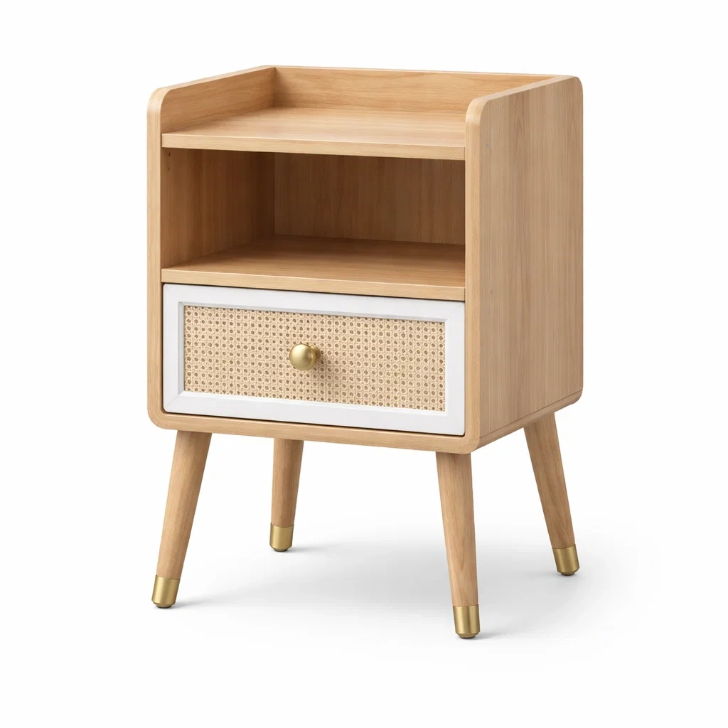 Nachttisch Holz mit Rattan Schubladenfront
