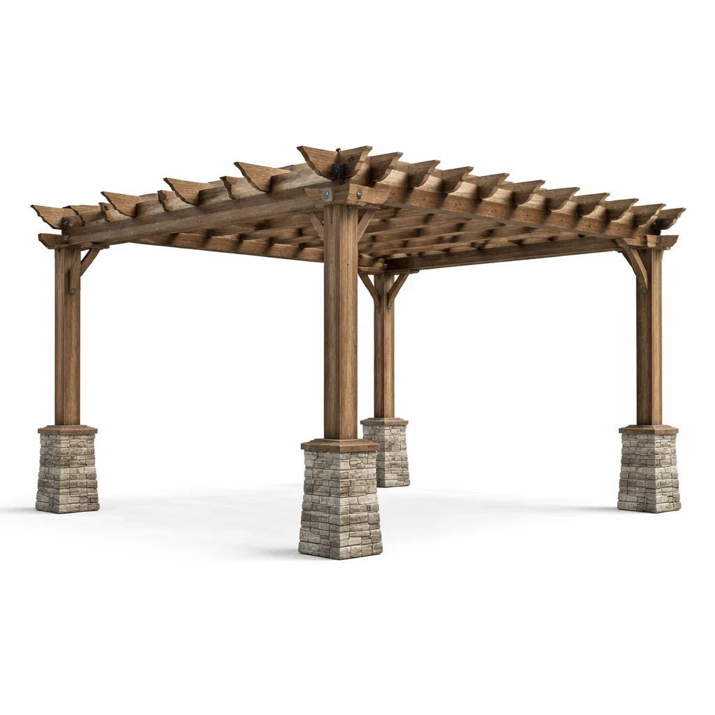 Pergola Holz mit Steinsockeln 366 x 304 x 220 cm