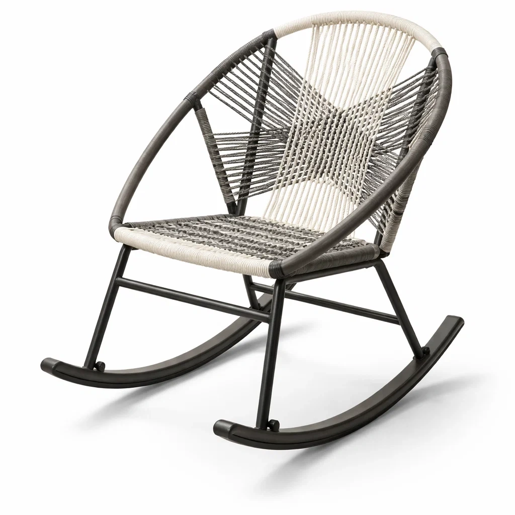 Schaukelstuhl Stahlrahmen Polyesterseil Schwarz Weiß
