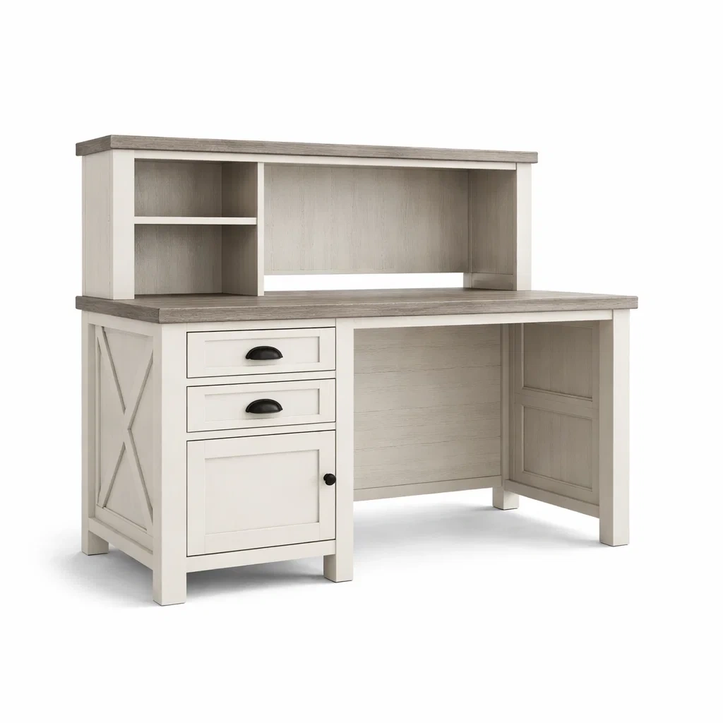 Schreibtisch Holz Weiß Grau mit Schubladen und Regalen