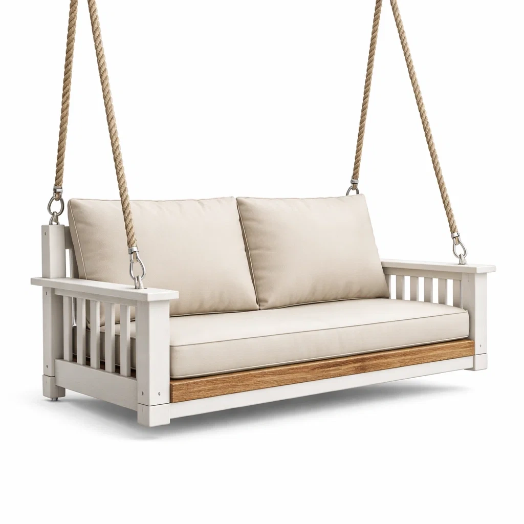 Schaukelbank Holz Beige mit Polyester Sitzkissen