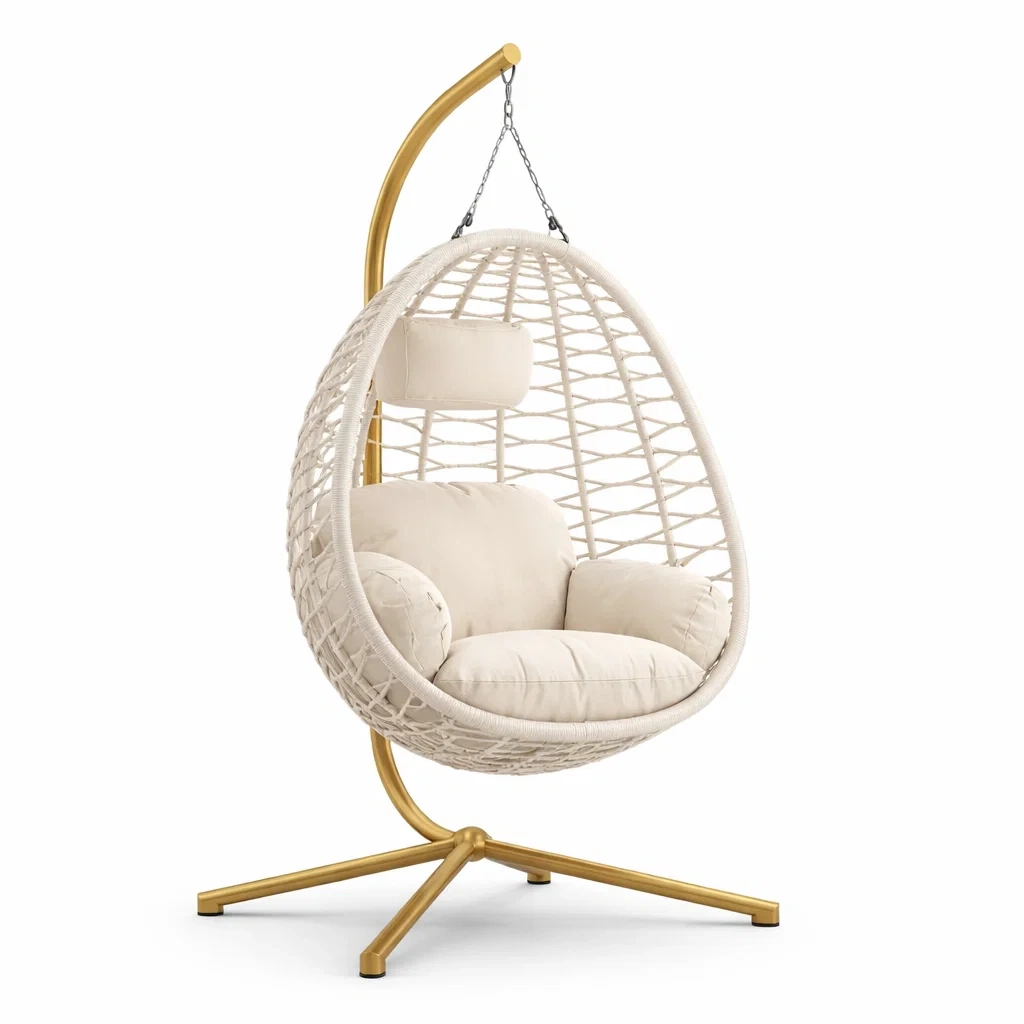 Hängesessel Rattan Beige mit Stahlgestell und Kissen