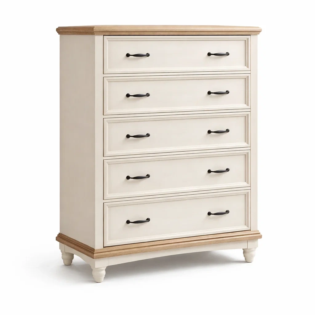 Kommode MDF Creme mit Holzfurnier und 5 Schubladen