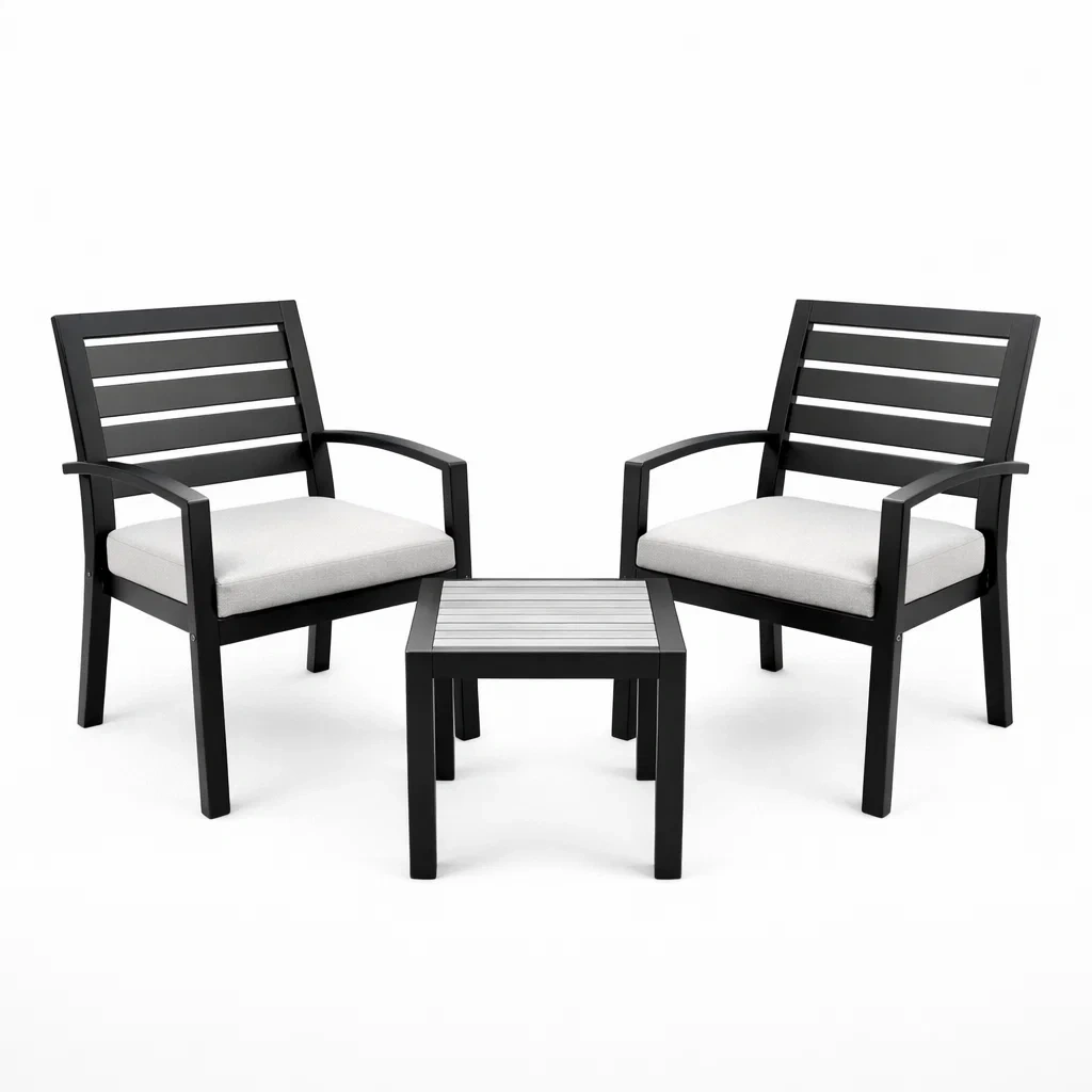 Balkonset Aluminium mit 2 Stühlen und Tisch Schwarz mit grauen Polstern