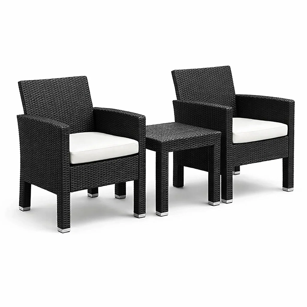 Balkonset Polyrattan Schwarz mit Tisch und Kissen