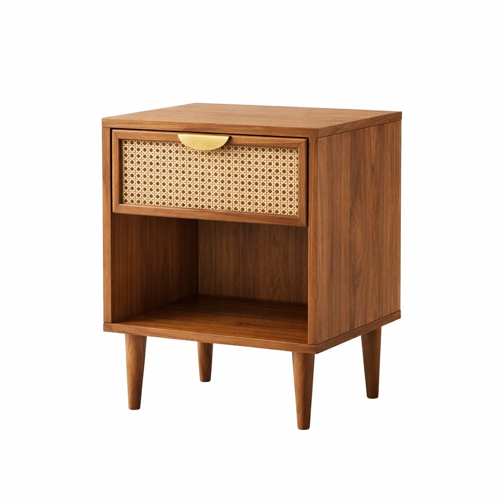 Nachttisch Walnussholz mit Geflecht und Messinggriff