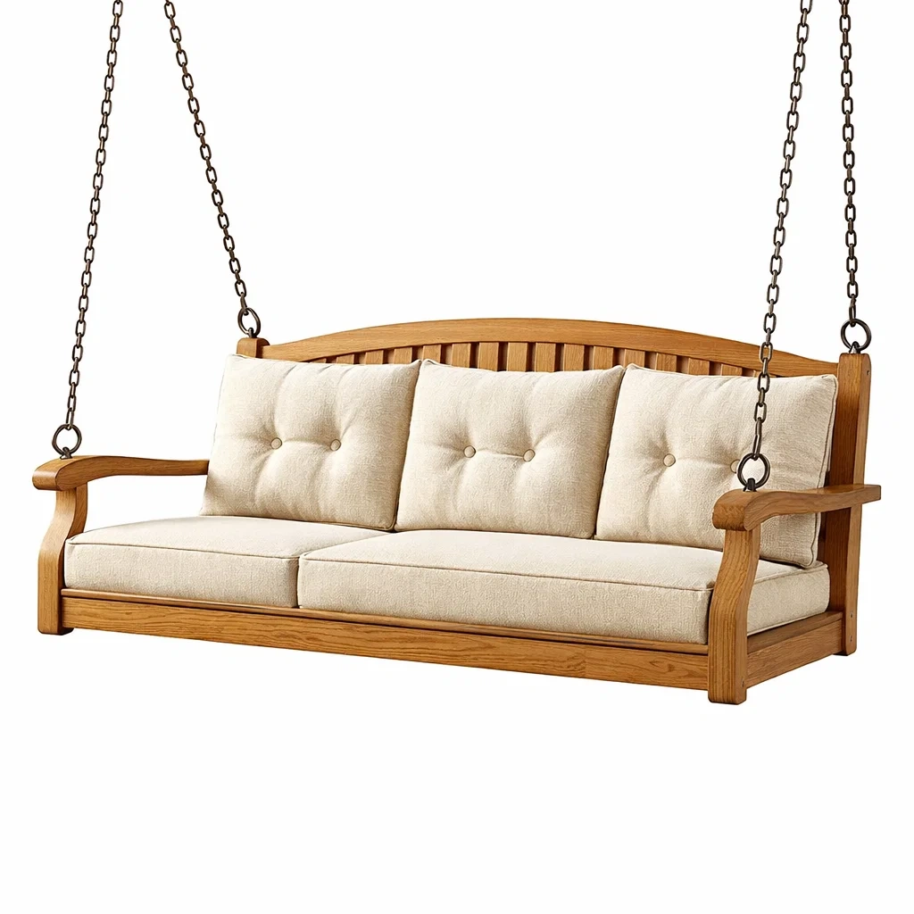 Schaukelbank Holz mit Leinenpolsterung und Ketten