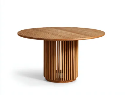 Mesas de jardín redondas de madera 130x130x75 cm - marrón - base central decorativa - diseño natural-Sofaupshop