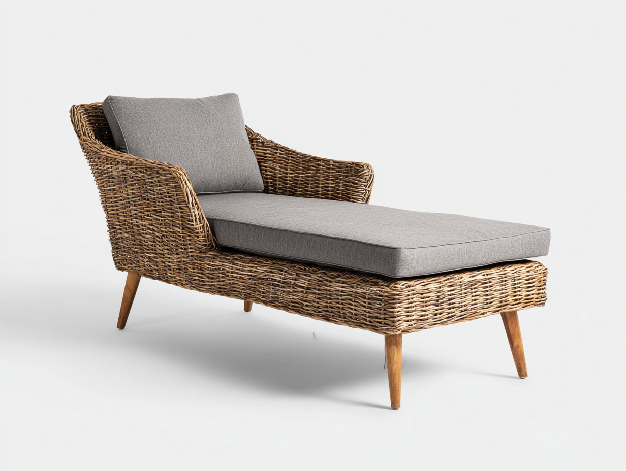 Tumbona de exterior ratán con cojín para jardín 180x70x85 cm - ratán natural-gris - diseño moderno-Sofaupshop