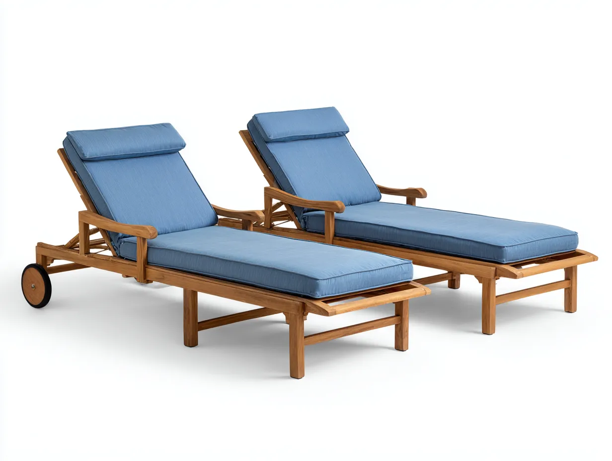 Tumbona de exterior madera con cojín reclinable para jardín 195x65x90 cm - madera natural-azul - diseño funcional-Sofaupshop