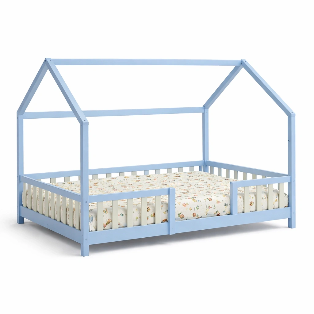 Lit enfant forme maison avec barrire design ludique-calqiro