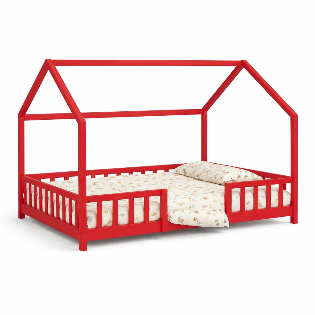Lit enfant forme maison avec barrire design ludique-calqiro