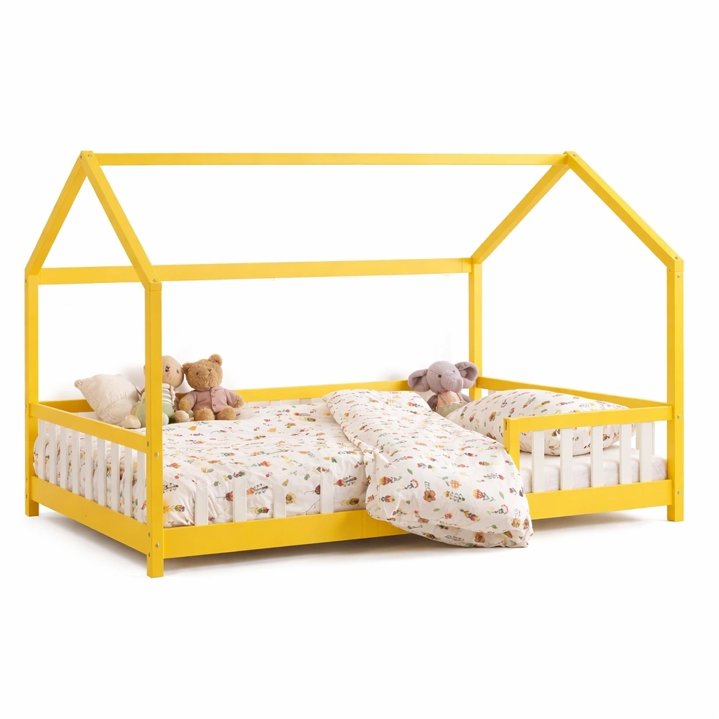 Lit enfant forme maison avec barrire design ludique-calqiro