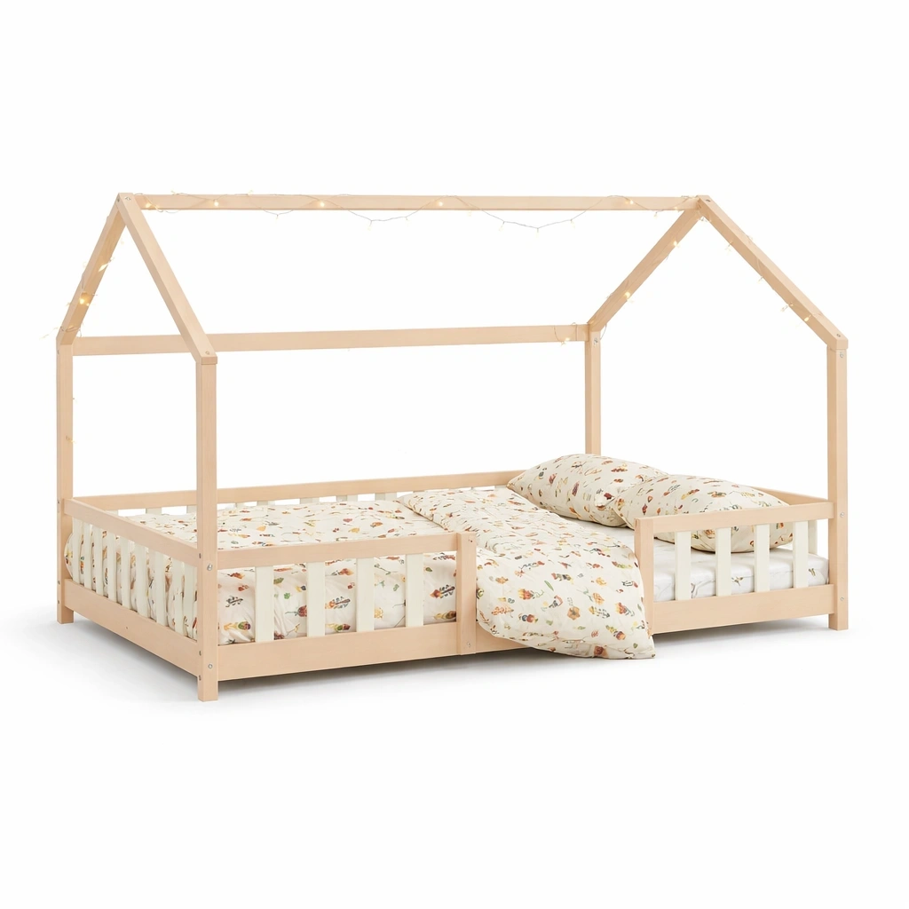 Lit enfant forme maison avec barrire design ludique-calqiro