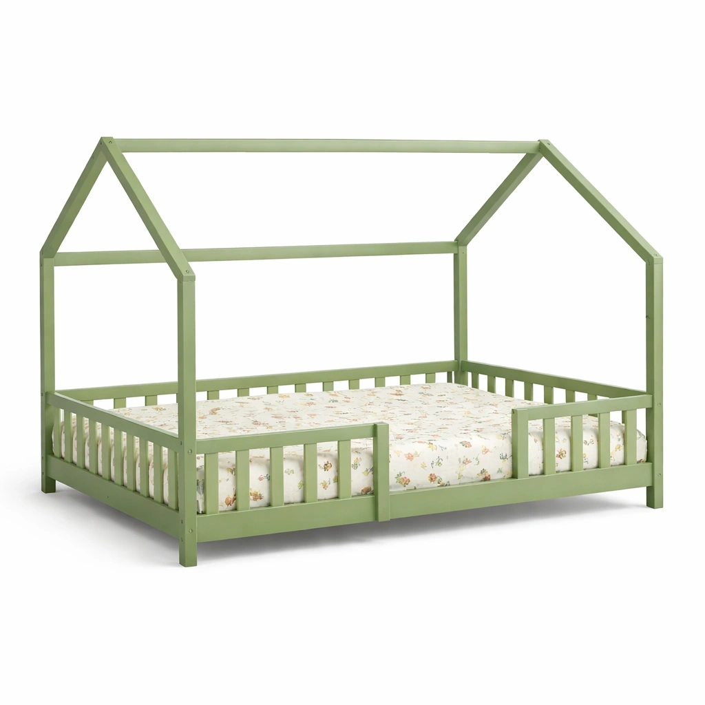 Lit enfant forme maison avec barrire design ludique-calqiro