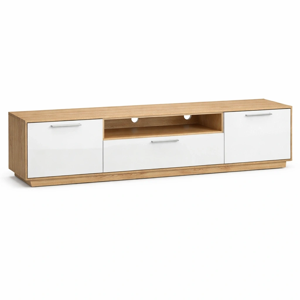Meuble TV bas moderne avec rangement et tiroirs spacieux-calqiro