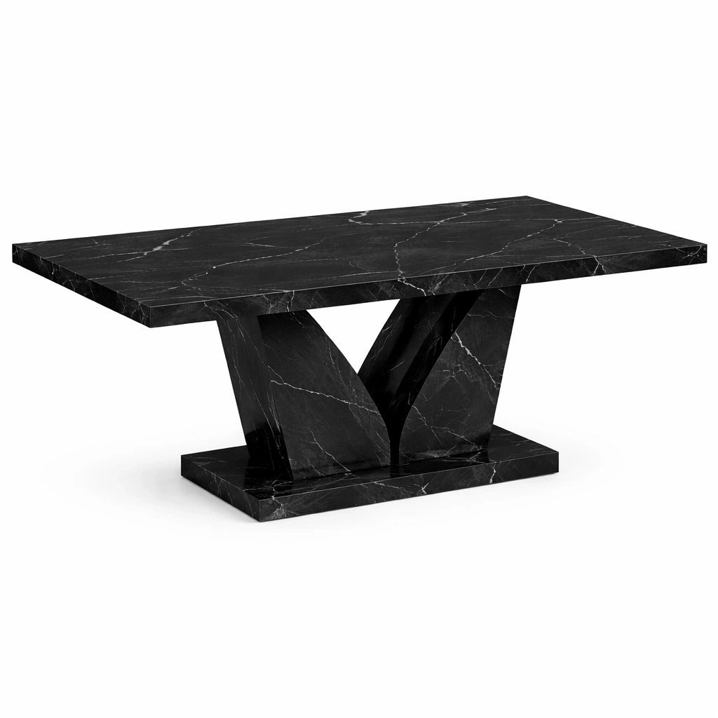 Table  manger moderne rectangulaire effet marbre noir avec base-calqiro