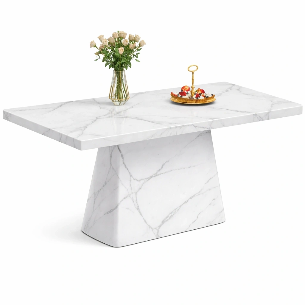 Table  manger moderne rectangulaire effet marbre blanc avec pied central-calqiro